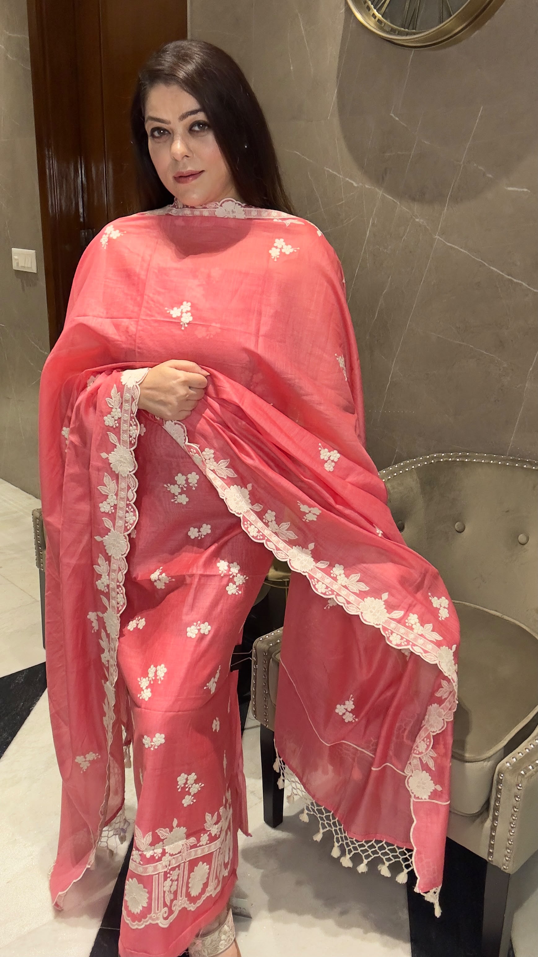 Pure Chanderi Silk Suit with Intricate Floral Thread Embroidery