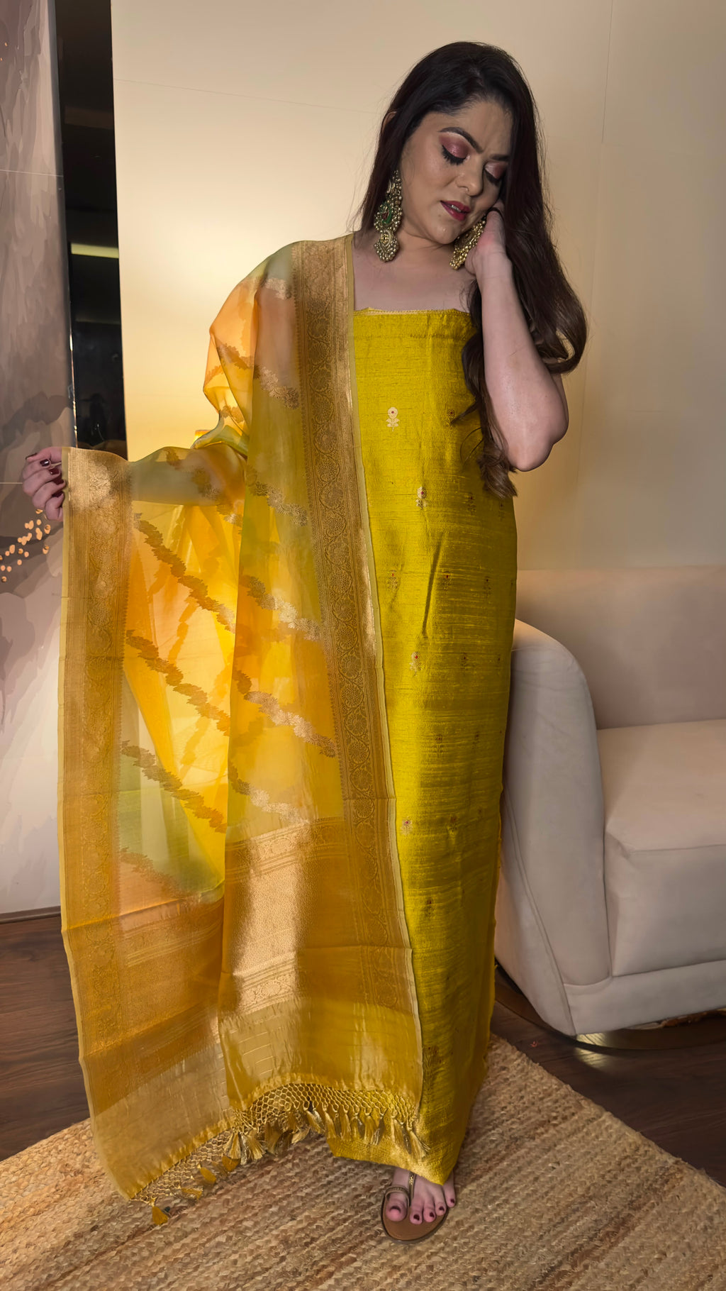 Mustard Gold Pure Raw Silk Unstitched Suit Set with Pure Kora Silk Rangkart Dupatta