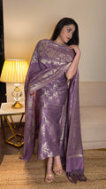 Mind-Blowing Dusty Mauve Pure Moonga Silk Banarasi Woven 3-Piece Unstitched Suit Set
