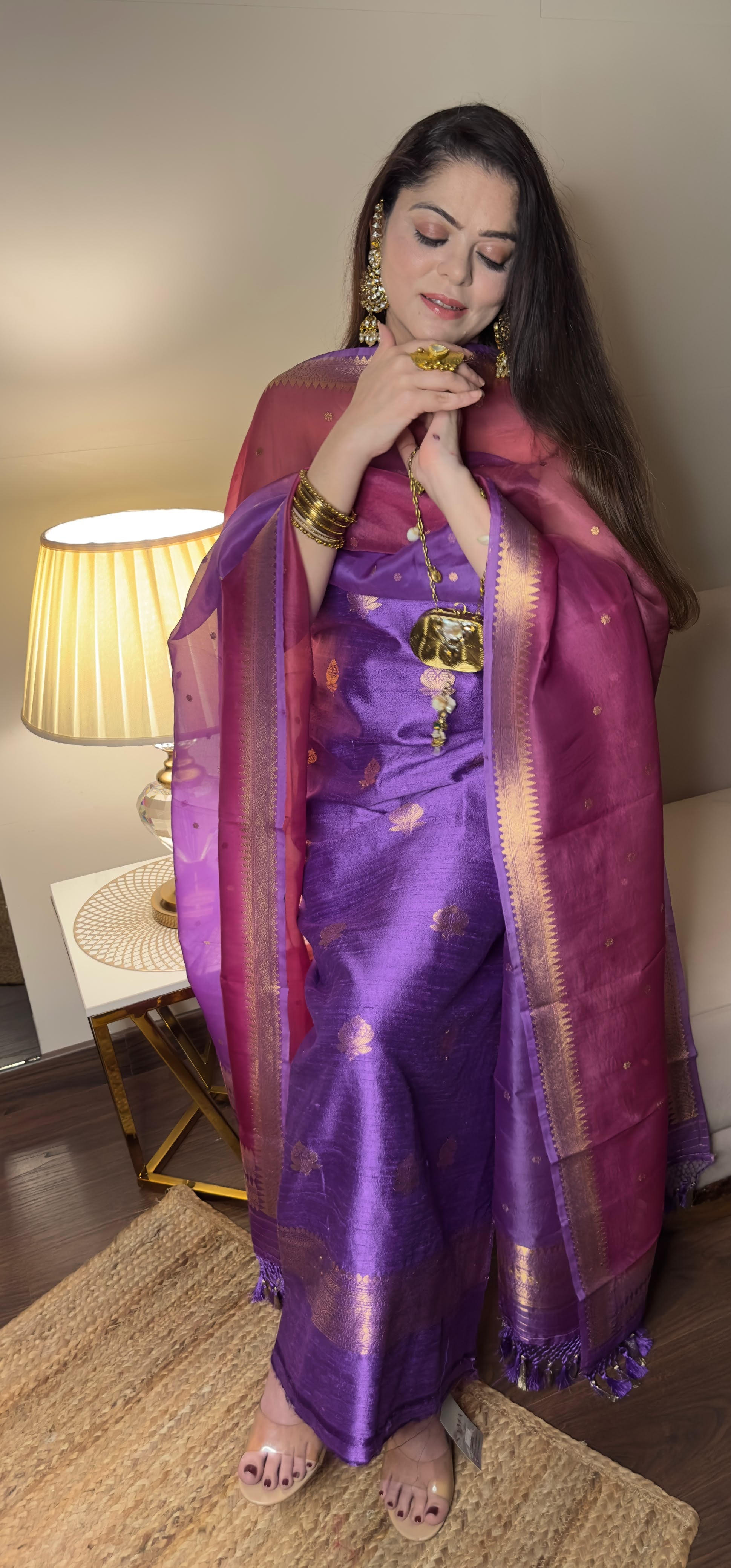 Royal Purple & Magenta Dual-Tone Pure Raw Silk Unstitched Suit Set with Pure Kora Silk Rangkart Dupatta