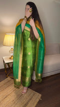 Emerald Green & Mustard Gold Pure Raw Silk Unstitched Suit Set with Pure Kora Silk Rangkart Dupatta