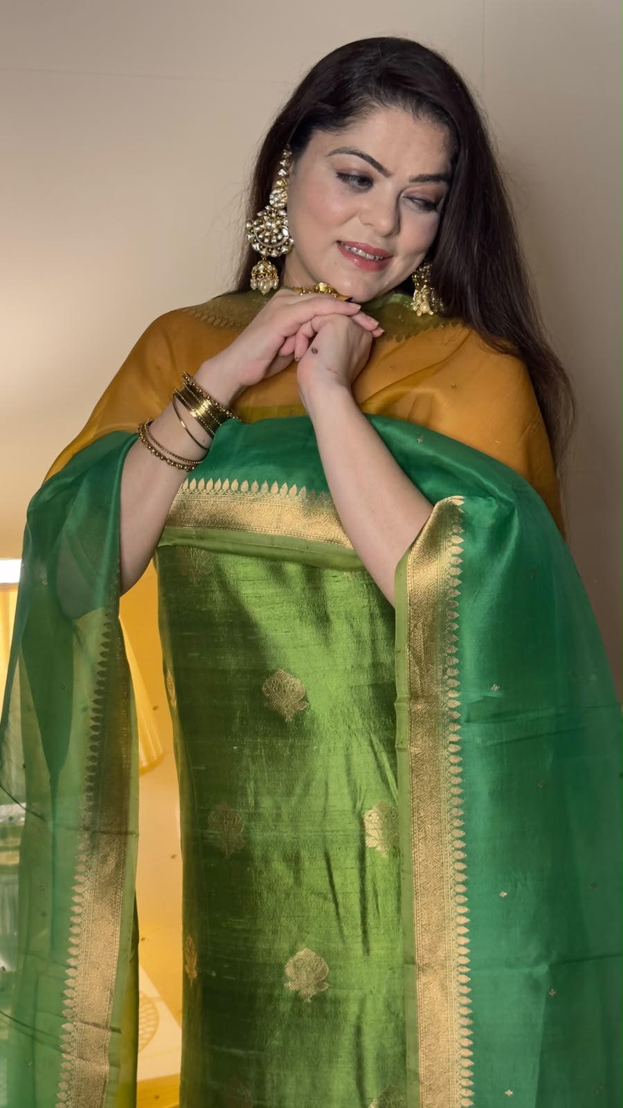 Emerald Green & Mustard Gold Pure Raw Silk Unstitched Suit Set with Pure Kora Silk Rangkart Dupatta
