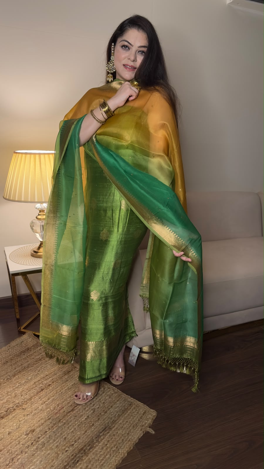 Emerald Green & Mustard Gold Pure Raw Silk Unstitched Suit Set with Pure Kora Silk Rangkart Dupatta