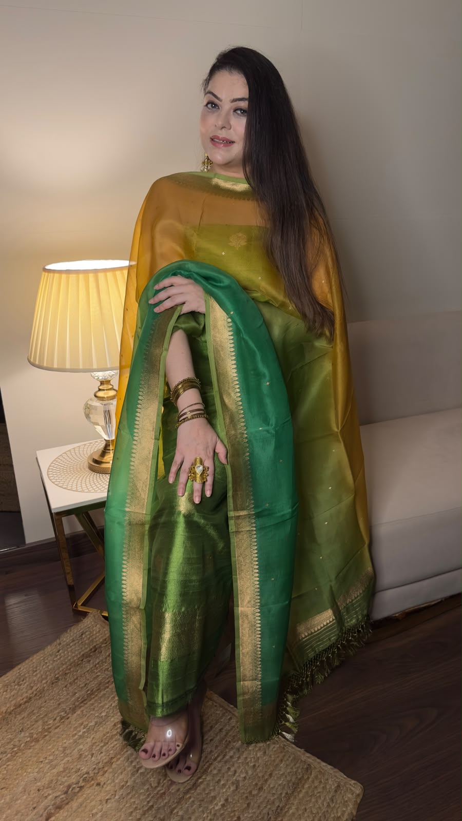 Emerald Green & Mustard Gold Pure Raw Silk Unstitched Suit Set with Pure Kora Silk Rangkart Dupatta