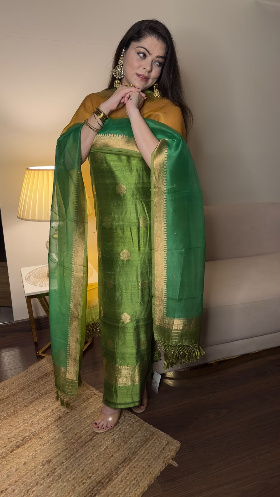 Emerald Green & Mustard Gold Pure Raw Silk Unstitched Suit Set with Pure Kora Silk Rangkart Dupatta