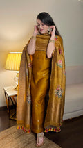 Classy Pure Tussar Silk Unstitched Suit Set with Floral Digital Print & Antique Zari Woven Dupatta