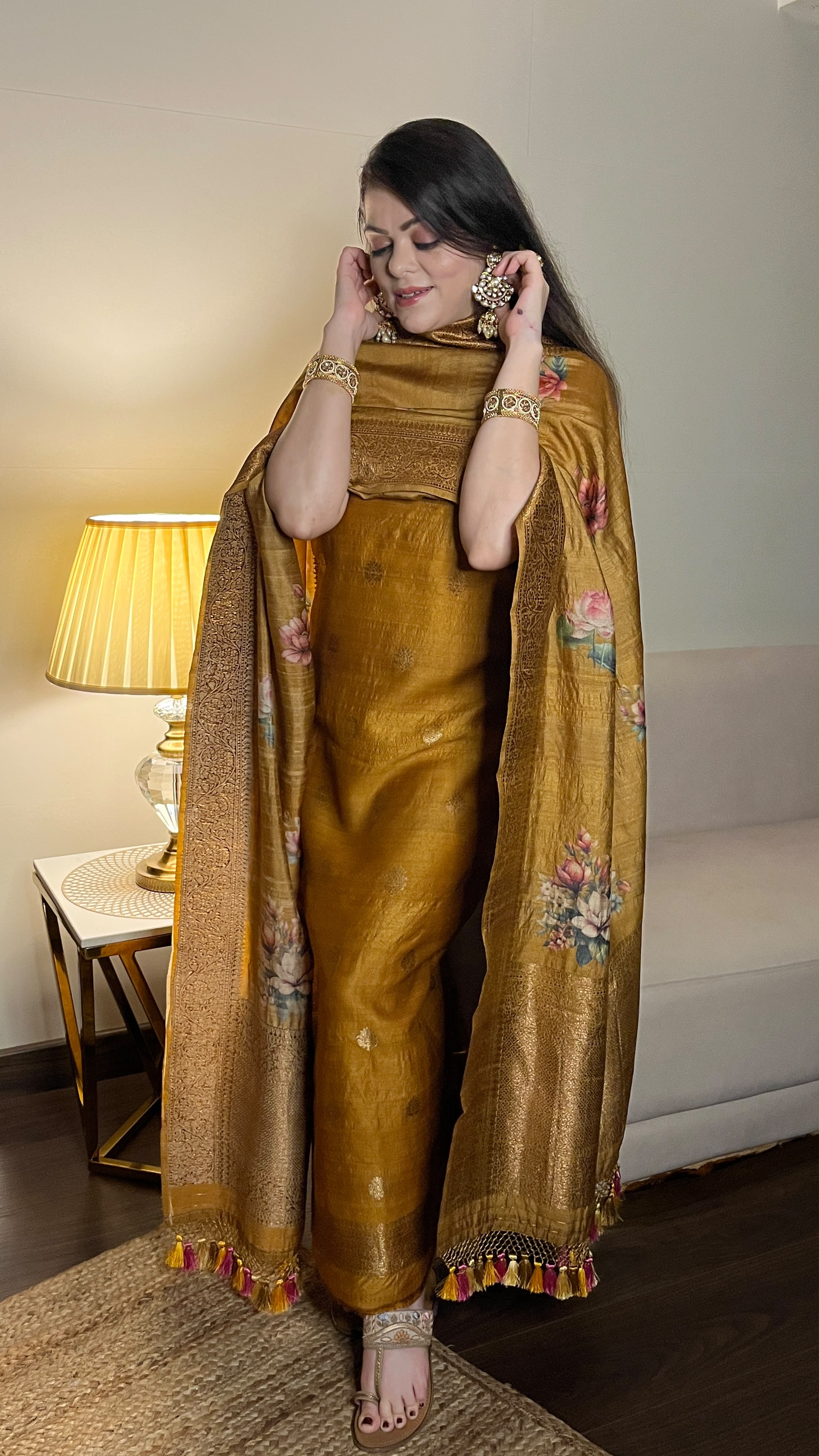 Classy Pure Tussar Silk Unstitched Suit Set with Floral Digital Print & Antique Zari Woven Dupatta