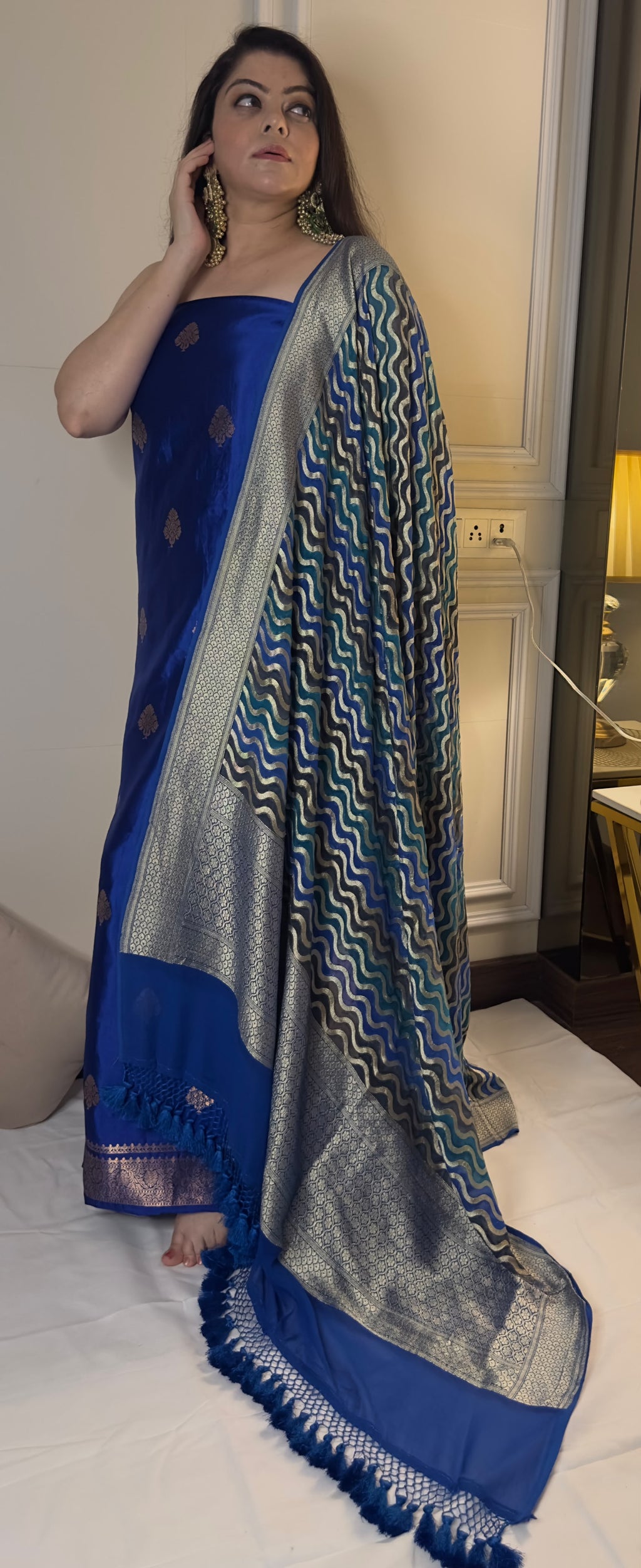 Royal Blue Pure Chiniya Silk Suit with Handwoven Khaddi Georgette Rangkat Lehariya Dupatta