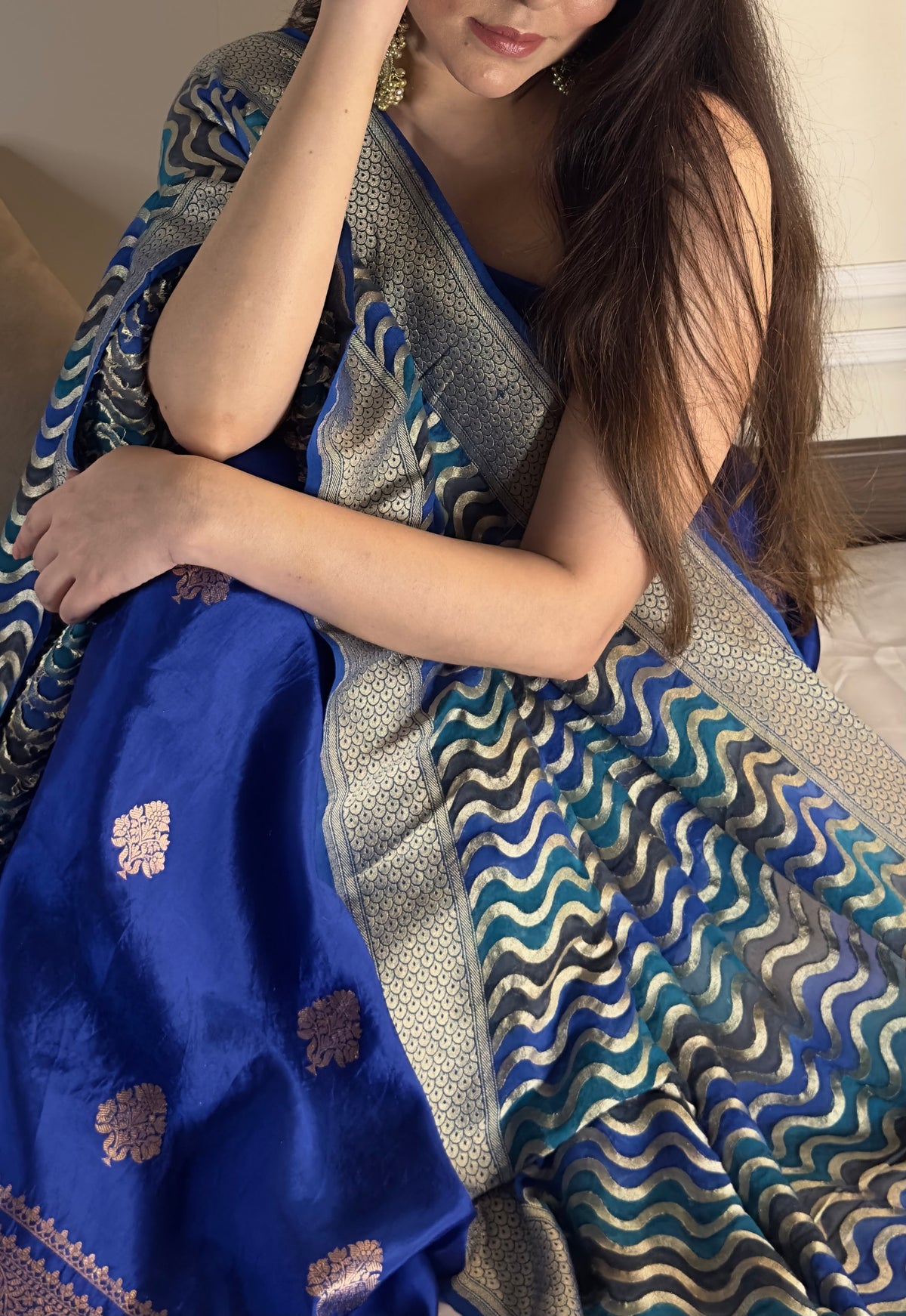 Royal Blue Pure Chiniya Silk Suit with Handwoven Khaddi Georgette Rangkat Lehariya Dupatta
