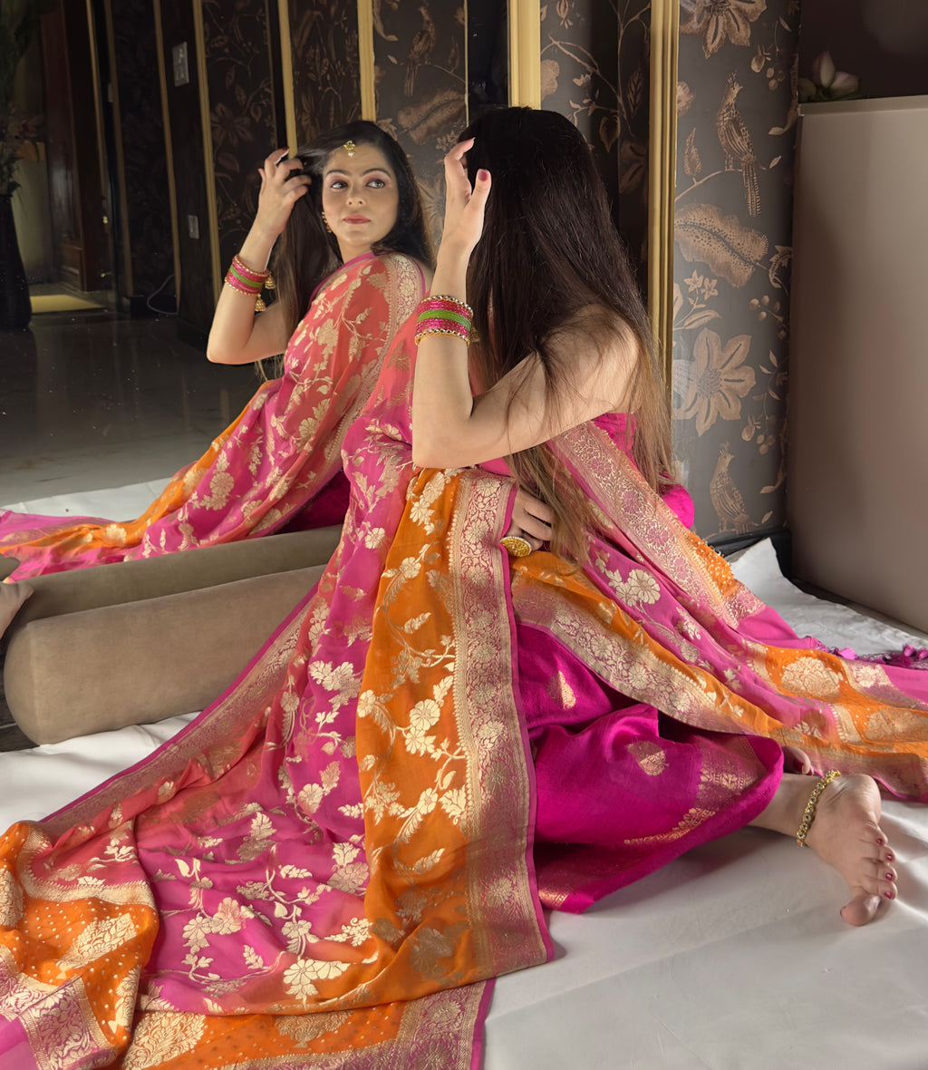 Rangkat Khaddi Georgette & Pure Raw Silk Festive Unstitched Suit Set – Magenta & Sunset Orange