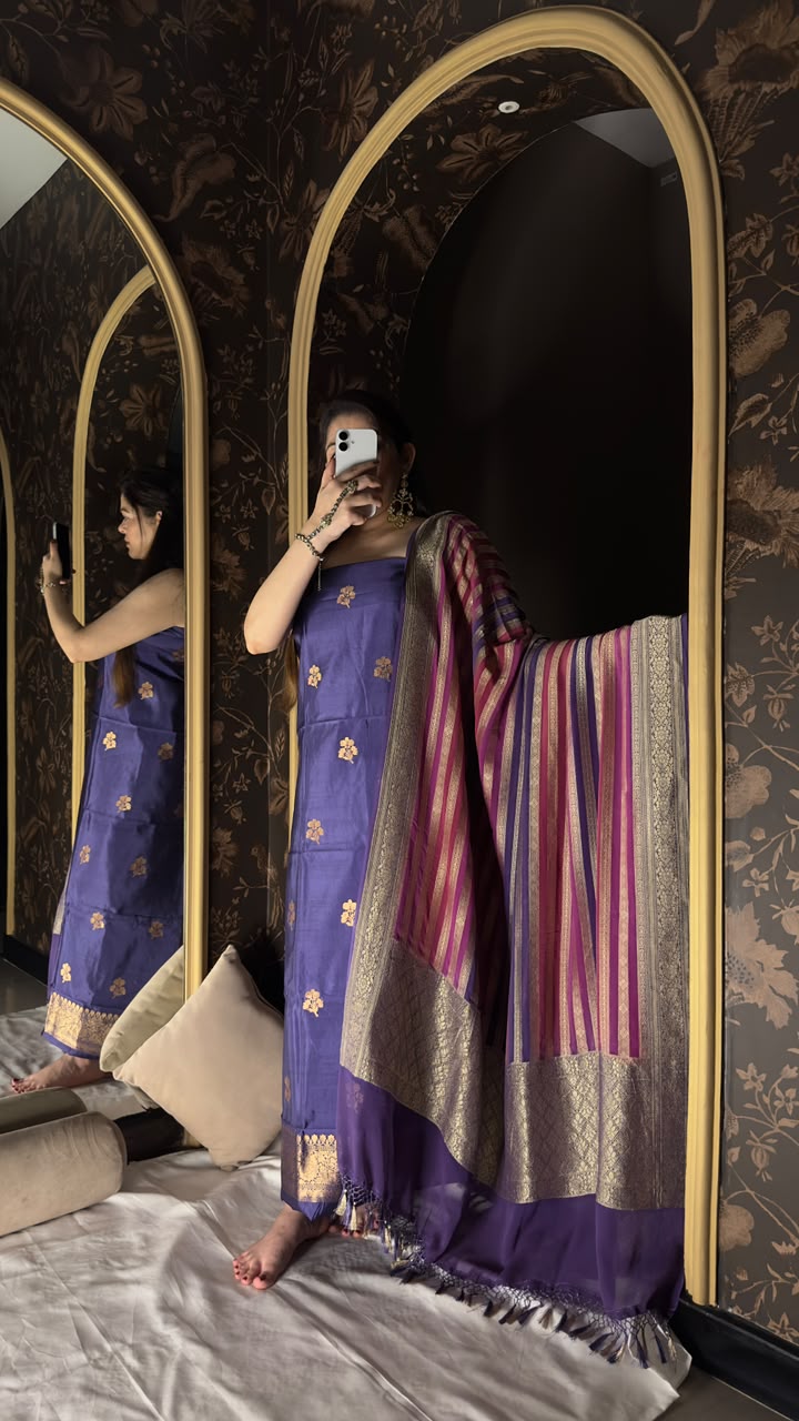 Elegant Royal Purple Pure Chiniya Silk Unstitched Suit with Handwoven Banarasi Khaddi Georgette Rangkat Dupatta