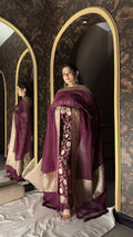 Regal Wine Pure Georgette Handcrafted Banarasi Suit Set with Heavy Zari Jaal & Matching Dupatta