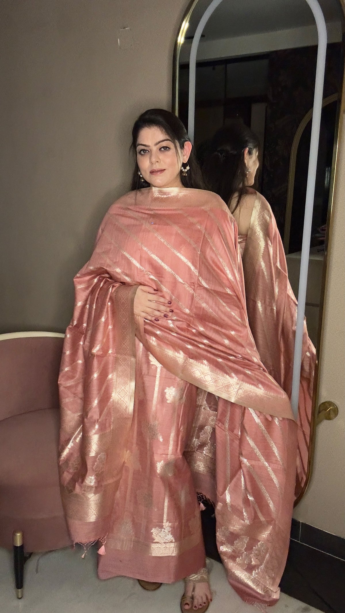 Ethereal Dusty Rose Pure Silk Unstitched Suit Set with Diagonal Zari Dupatta