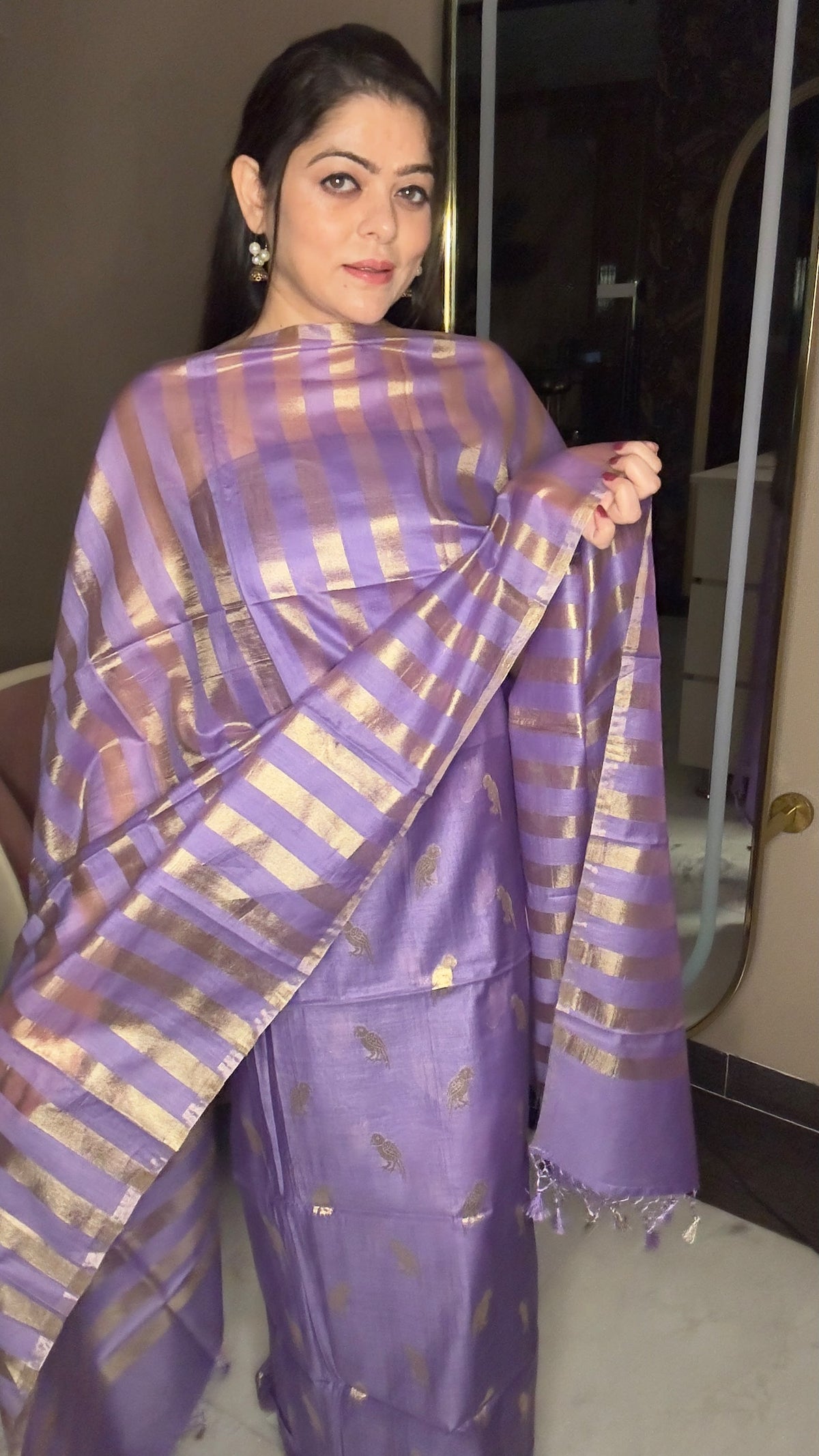 Charming Lavender Pure Silk Unstitched Suit Set with Zari Striped Dupatta