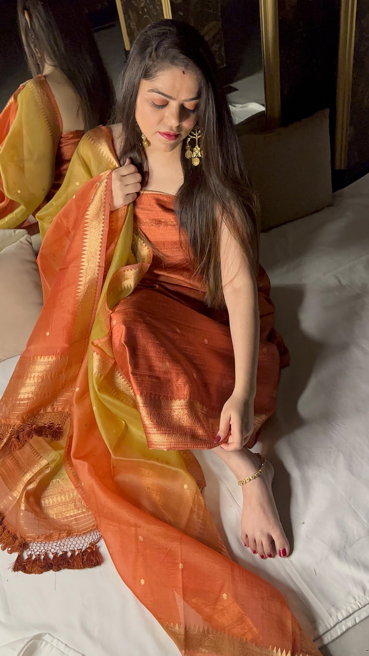 Rust Copper Pure Raw Silk Unstitched Suit Set