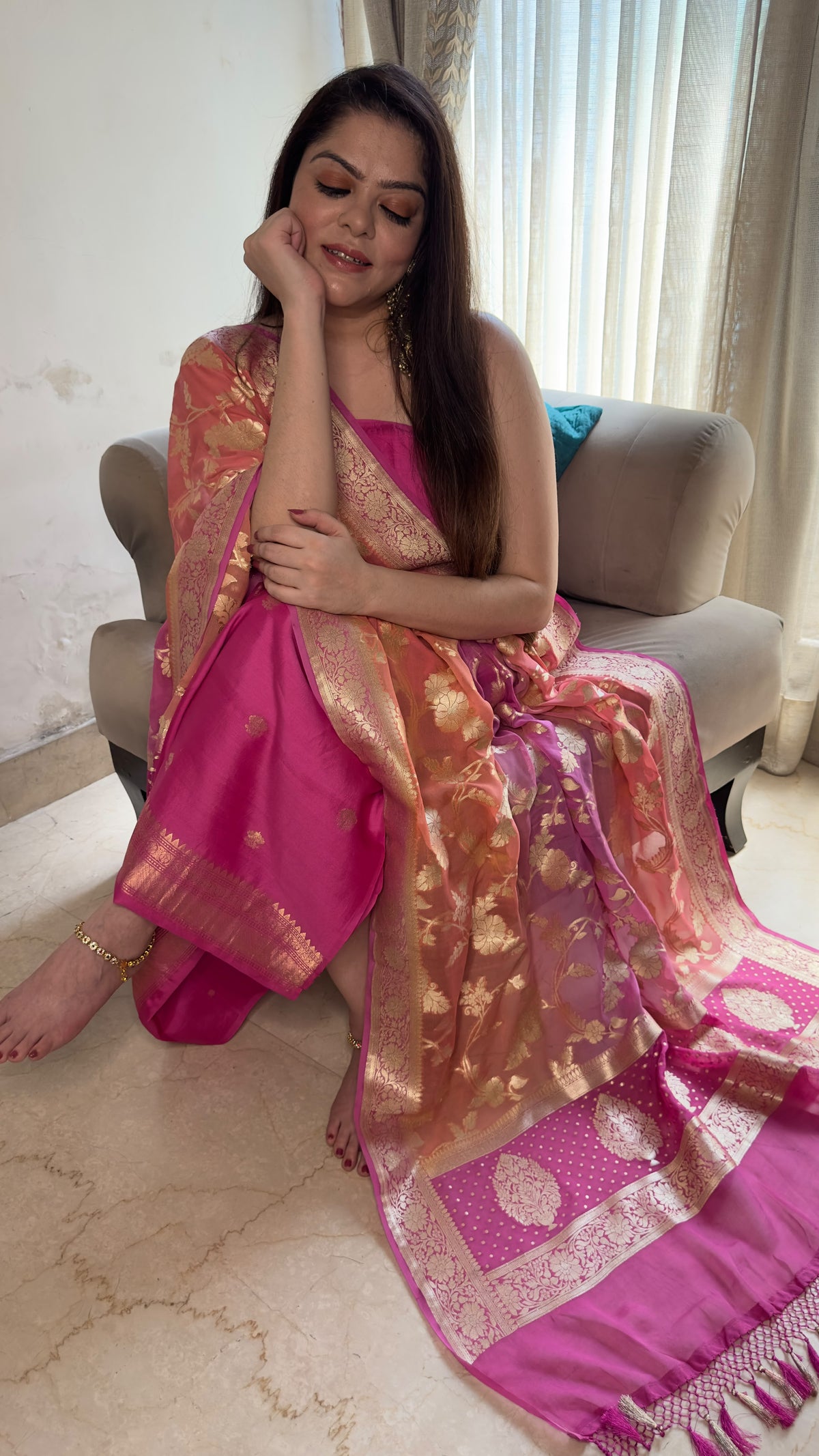 Vibrant Rani Pink Pure Chiniya Silk Suit with Handwoven Khaddi Georgette Rangkat Dupatta