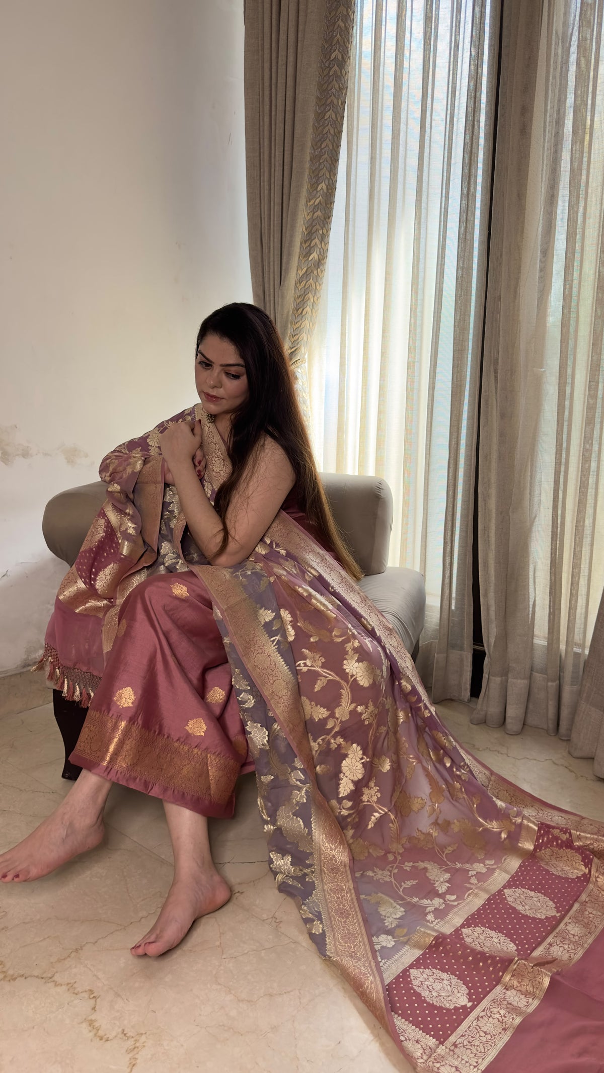Elegant Dusty Mauve Pure Chiniya Silk Suit with Handwoven Khaddi Georgette Rangkat Dupatta