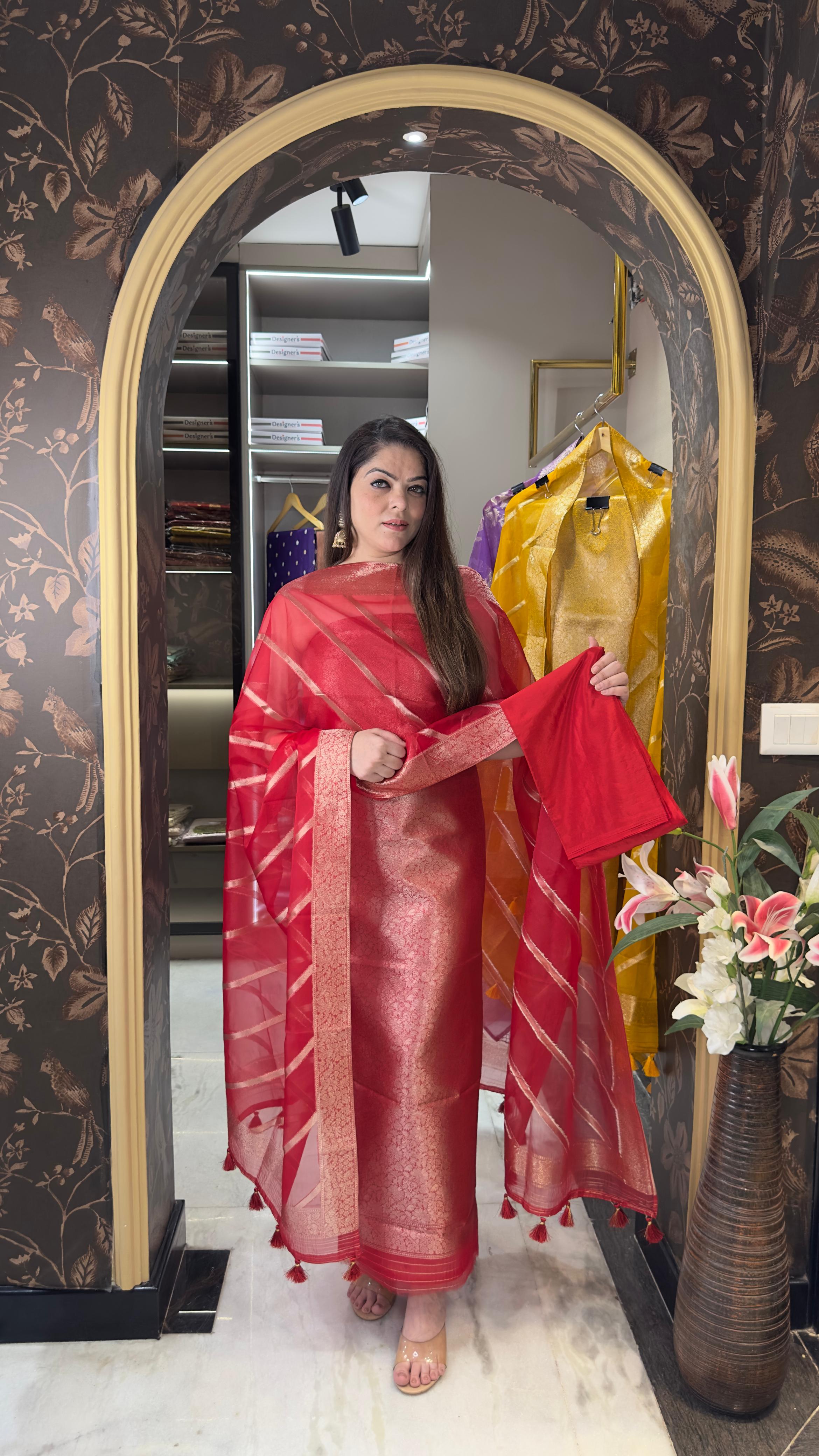 Brocade Silk Suit with Organza Dupatta & Satin Silk Bottom