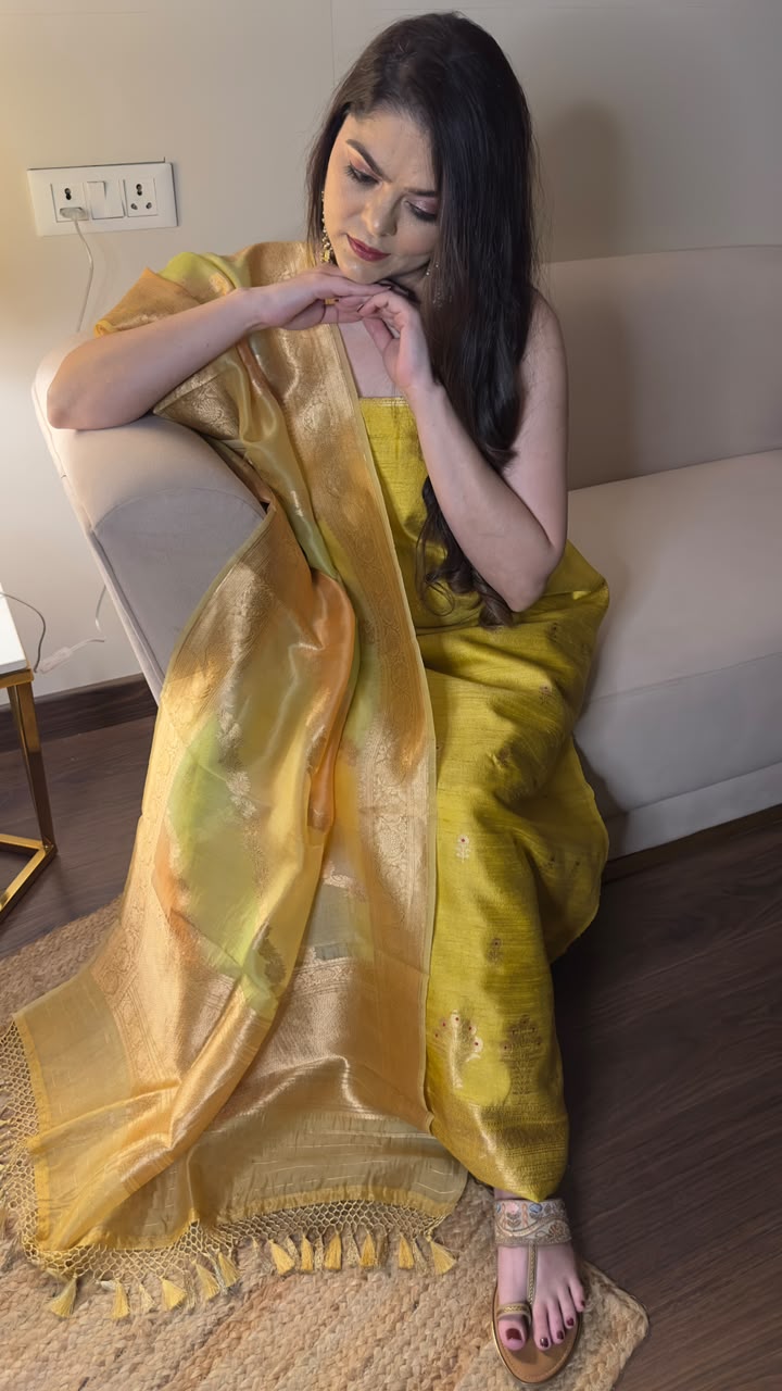Mustard Gold Pure Raw Silk Unstitched Suit Set with Pure Kora Silk Rangkart Dupatta