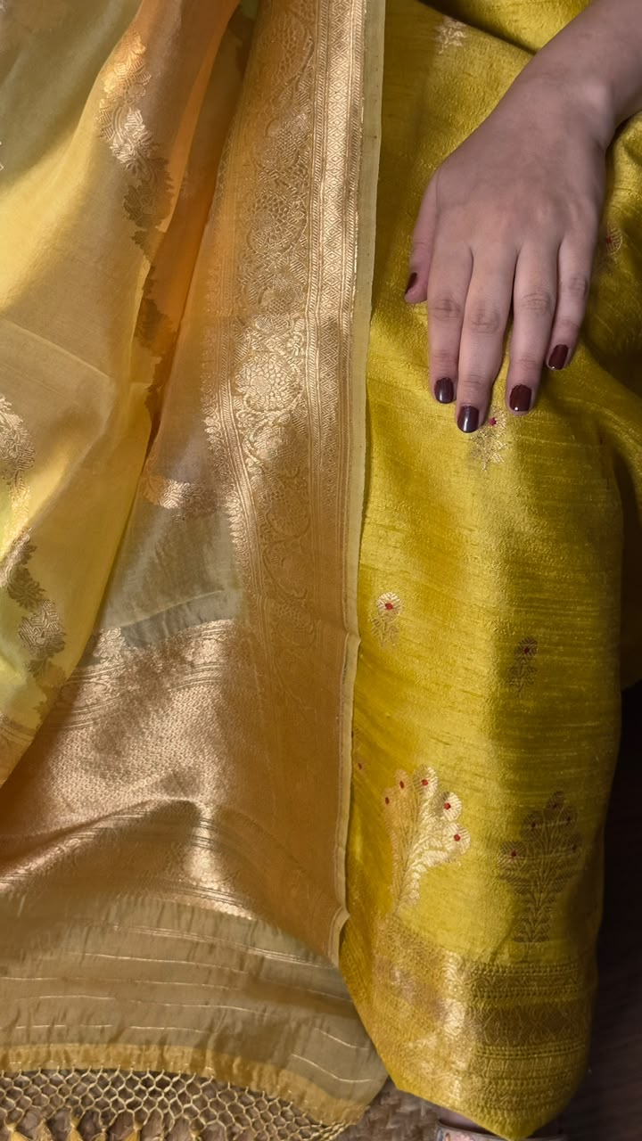 Mustard Gold Pure Raw Silk Unstitched Suit Set with Pure Kora Silk Rangkart Dupatta