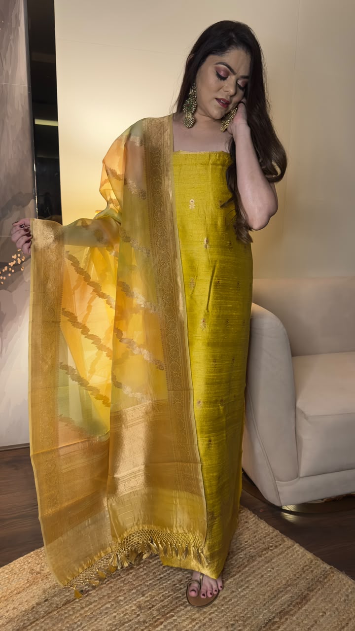 Mustard Gold Pure Raw Silk Unstitched Suit Set with Pure Kora Silk Rangkart Dupatta