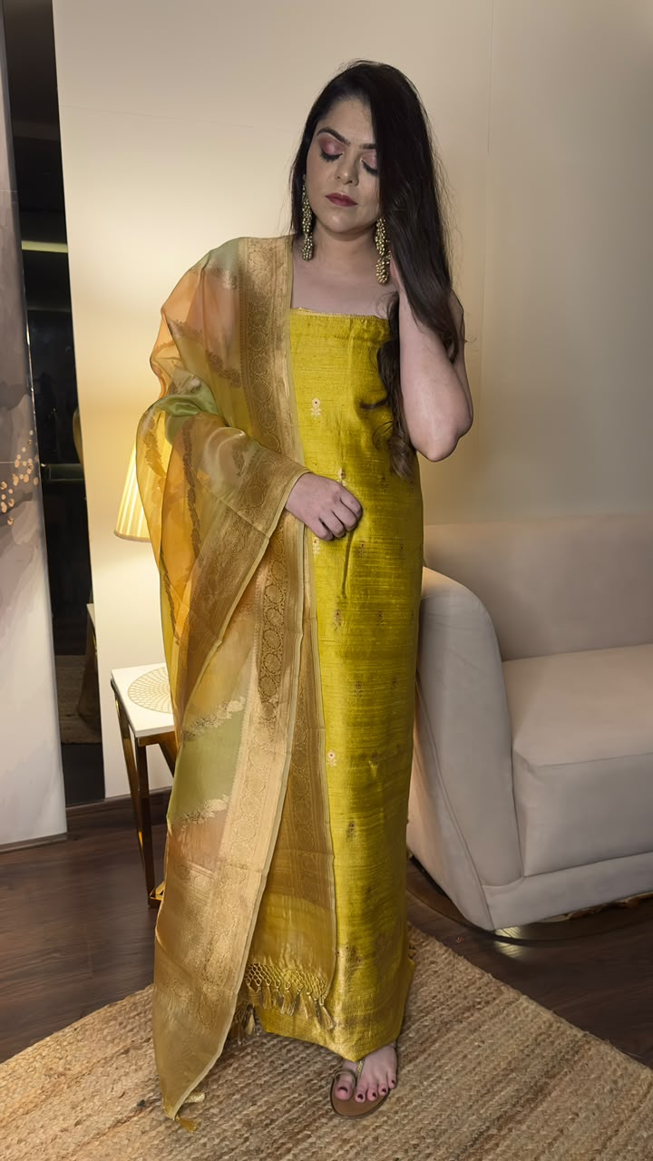 Mustard Gold Pure Raw Silk Unstitched Suit Set with Pure Kora Silk Rangkart Dupatta