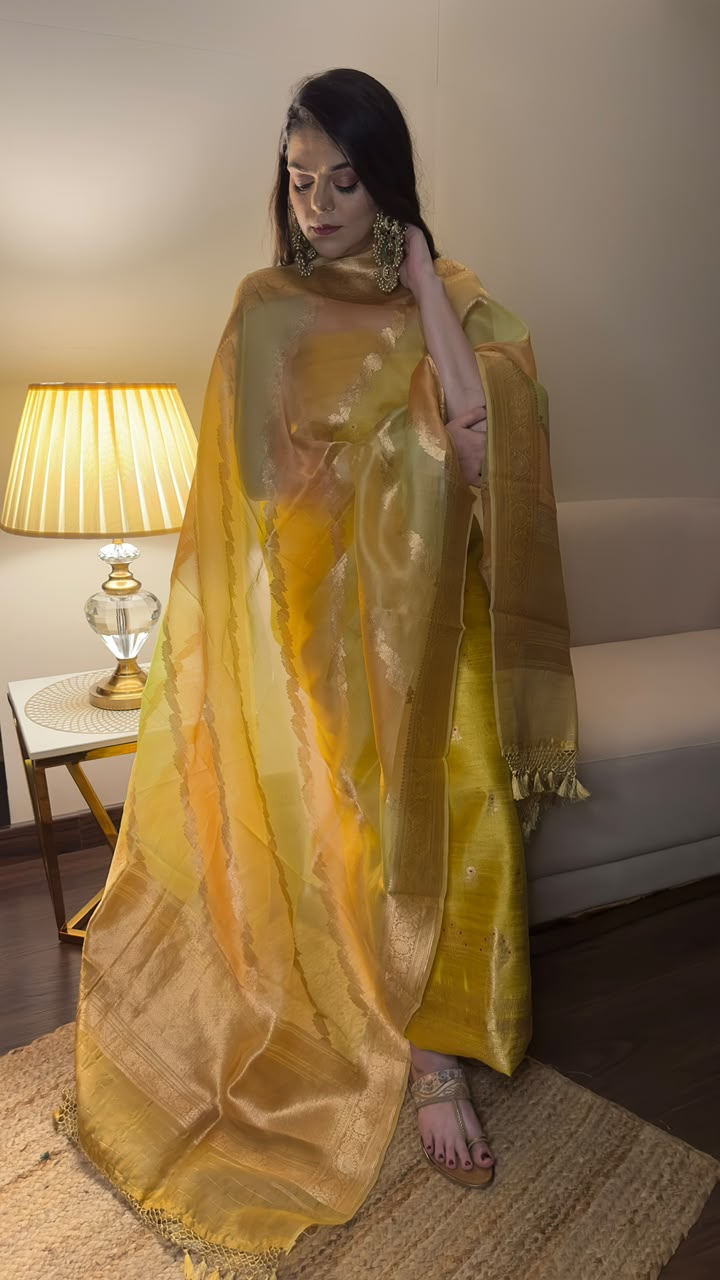 Mustard Gold Pure Raw Silk Unstitched Suit Set with Pure Kora Silk Rangkart Dupatta