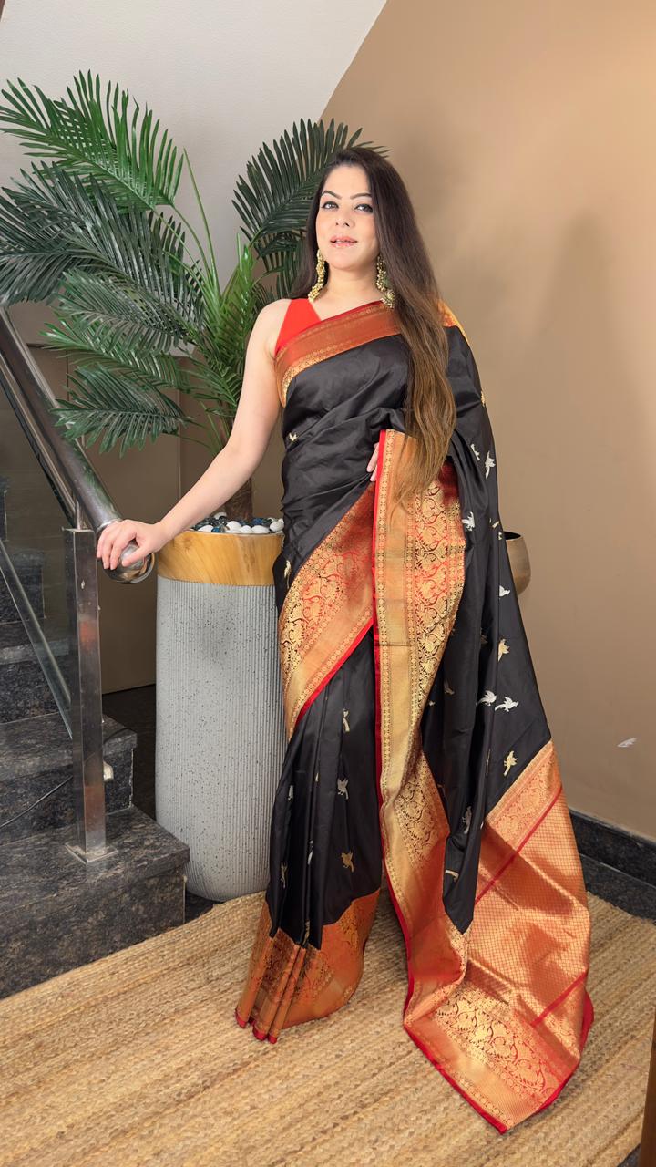 Pure Katan Silk Saree | Kaduva Bird Weaves in Sona Rupa Zari | Handloom Banarasi