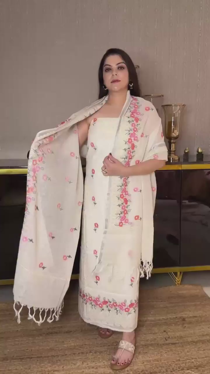 Elegant Off-White Floral Linen Suit