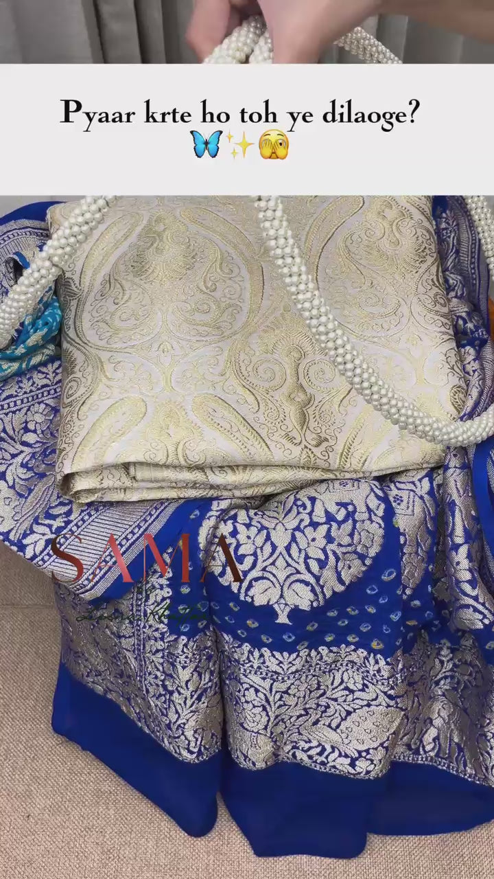 Ivory Brocade Paisley Suit Set with Khaddi Georgette Bandhani Shikargah Dupatta & Banarasi Cotton Bottom