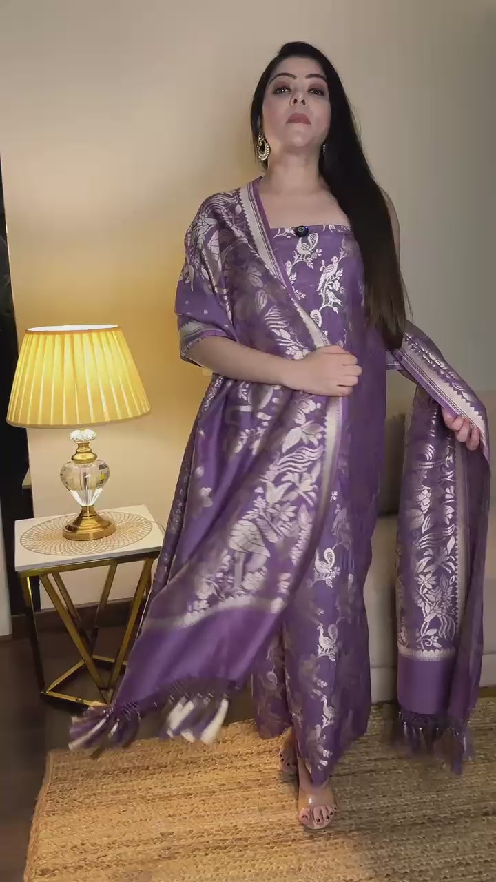 Pure Monga Silk 3-Piece Unstitched Suit Set with Intricate Bird & Flamingo Weaving