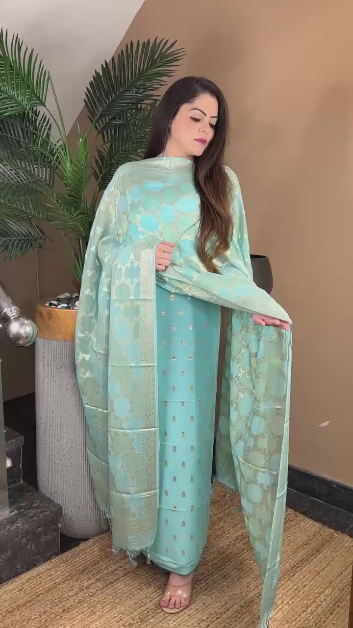 Summer-Ready Viscose Georgette Suit with Designer Dupatta & Pure Banarasi Cotton Bottom